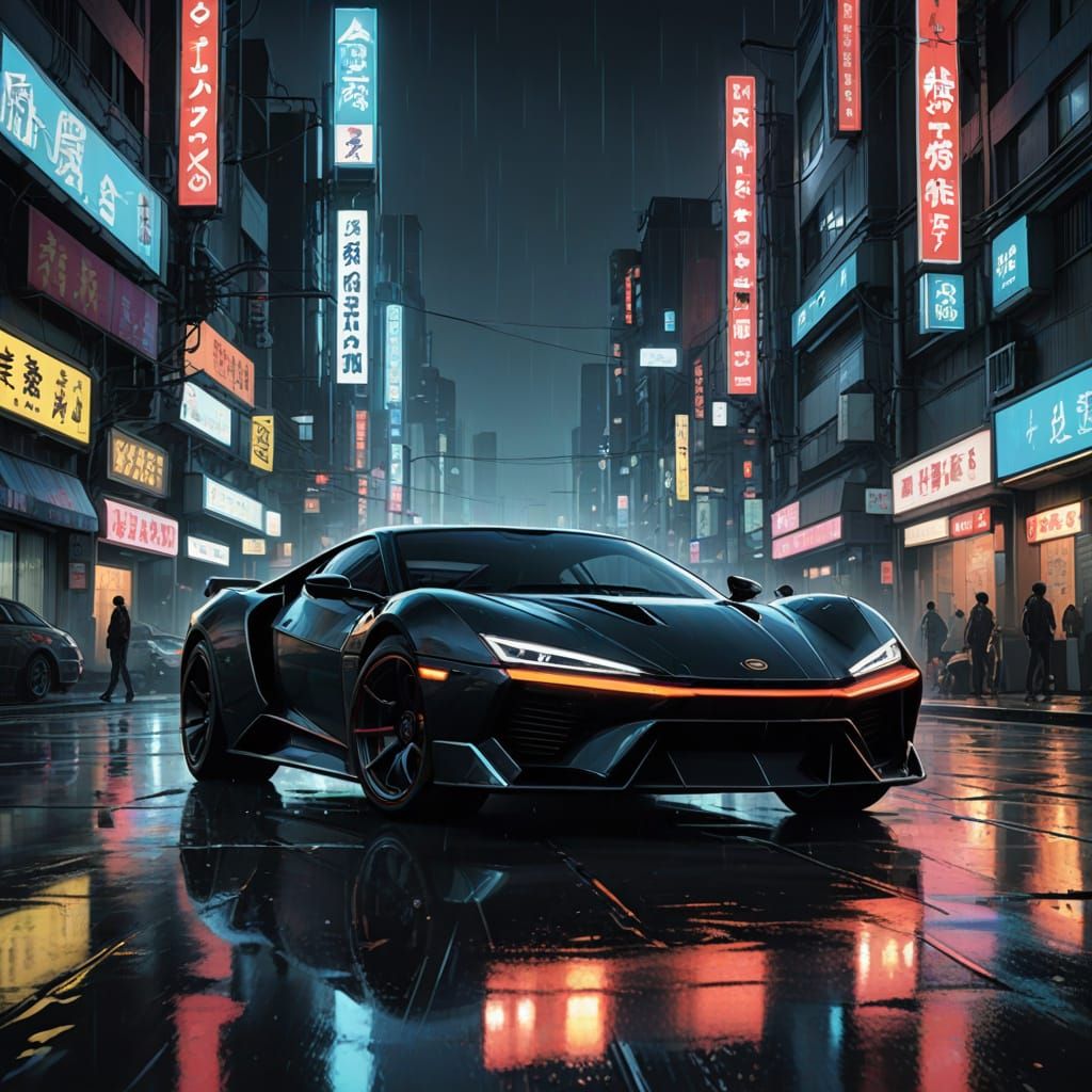 Cyberpunk Sports Car Speeds Down Rainy City Street