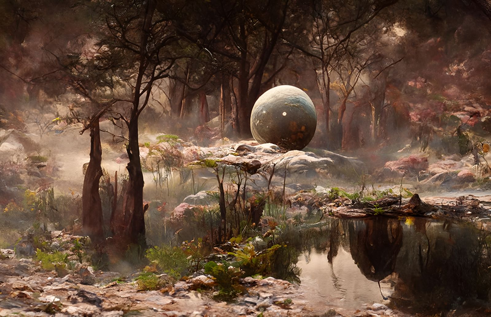 Alien Landscape with Glowing Flora in Kinetic Pointillism