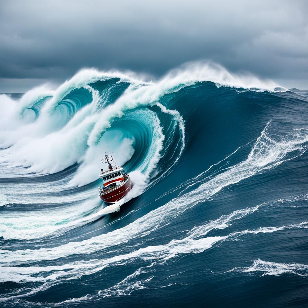 Boat Slicing Waves on Raging Ocean