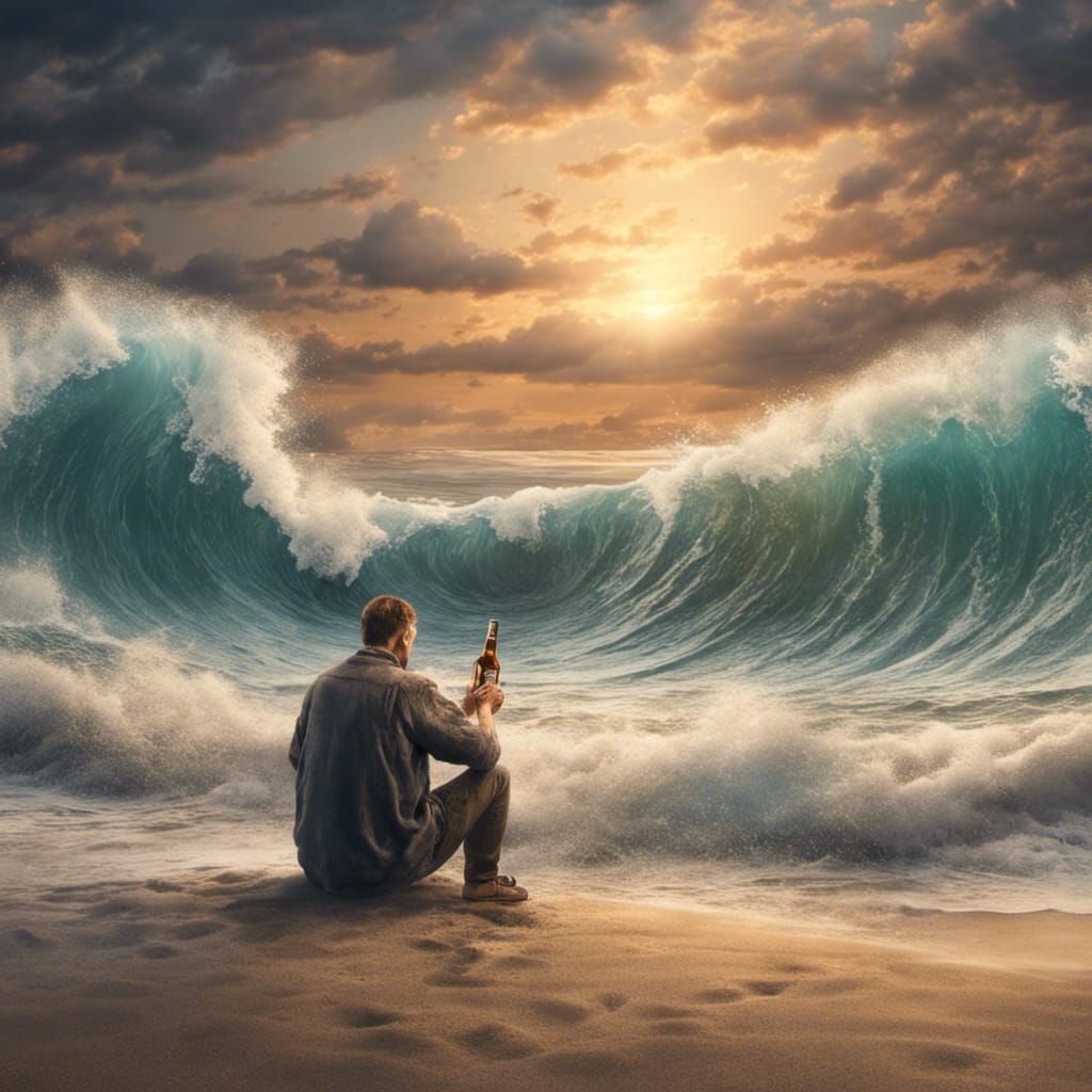 Man Taps Beer Bottle with Wave: Detailed Matte Painting
