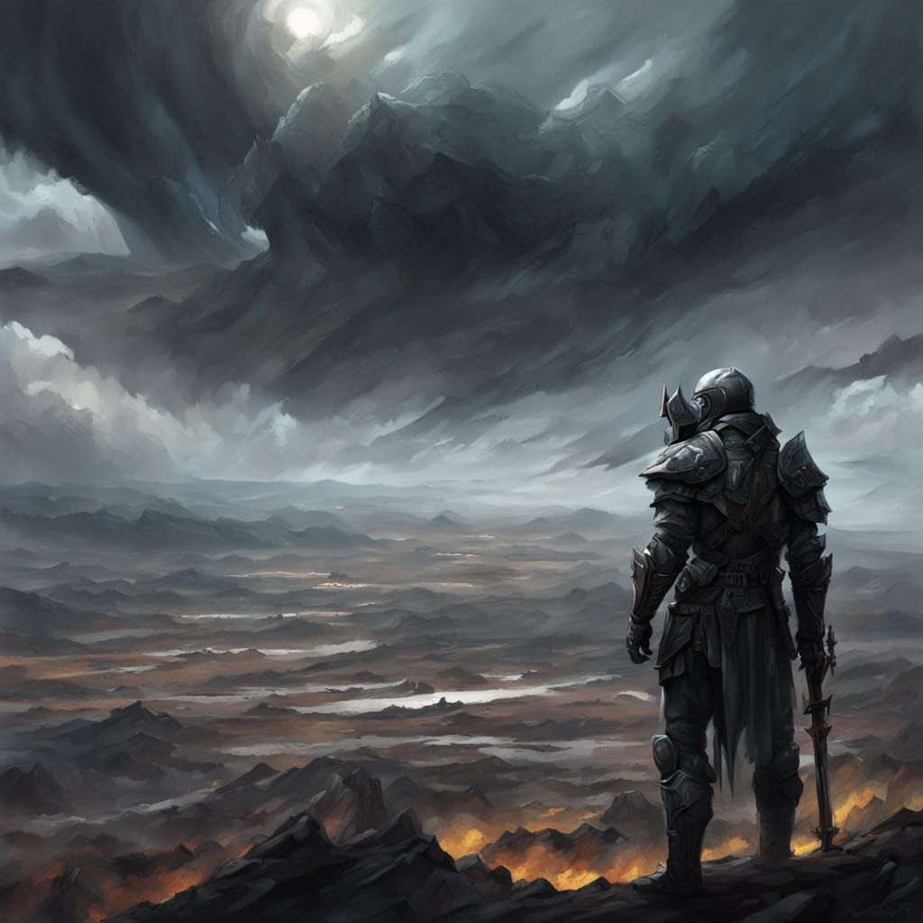 Knight in Ornate Armor with Guns in Desolate Landscape