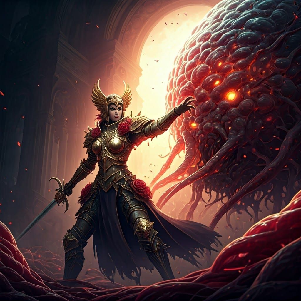 Female Warrior Fighting Cancer Cell, Fantasy Concept Art