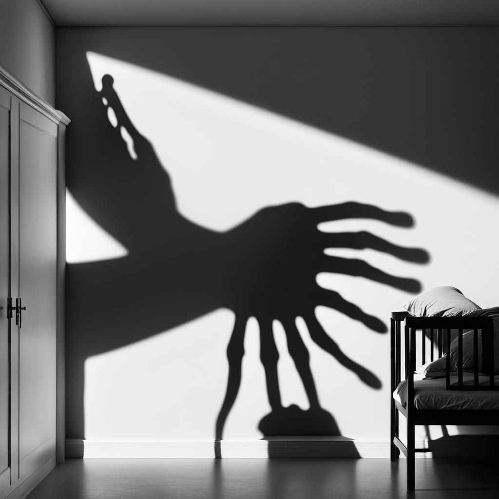 Menacing Shadow Hand Reaching for Sleeping Figure