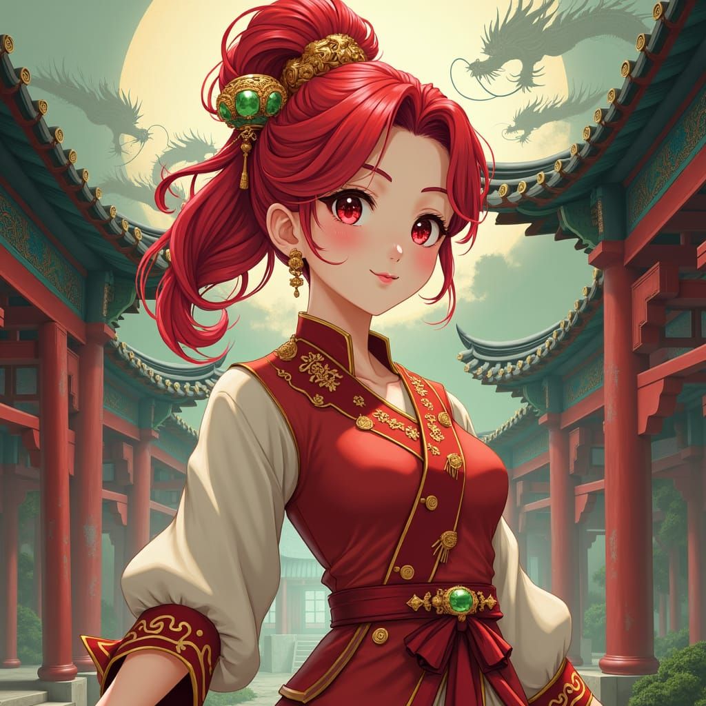 Heroic Anime Girl in Mystical Chinese Landscape