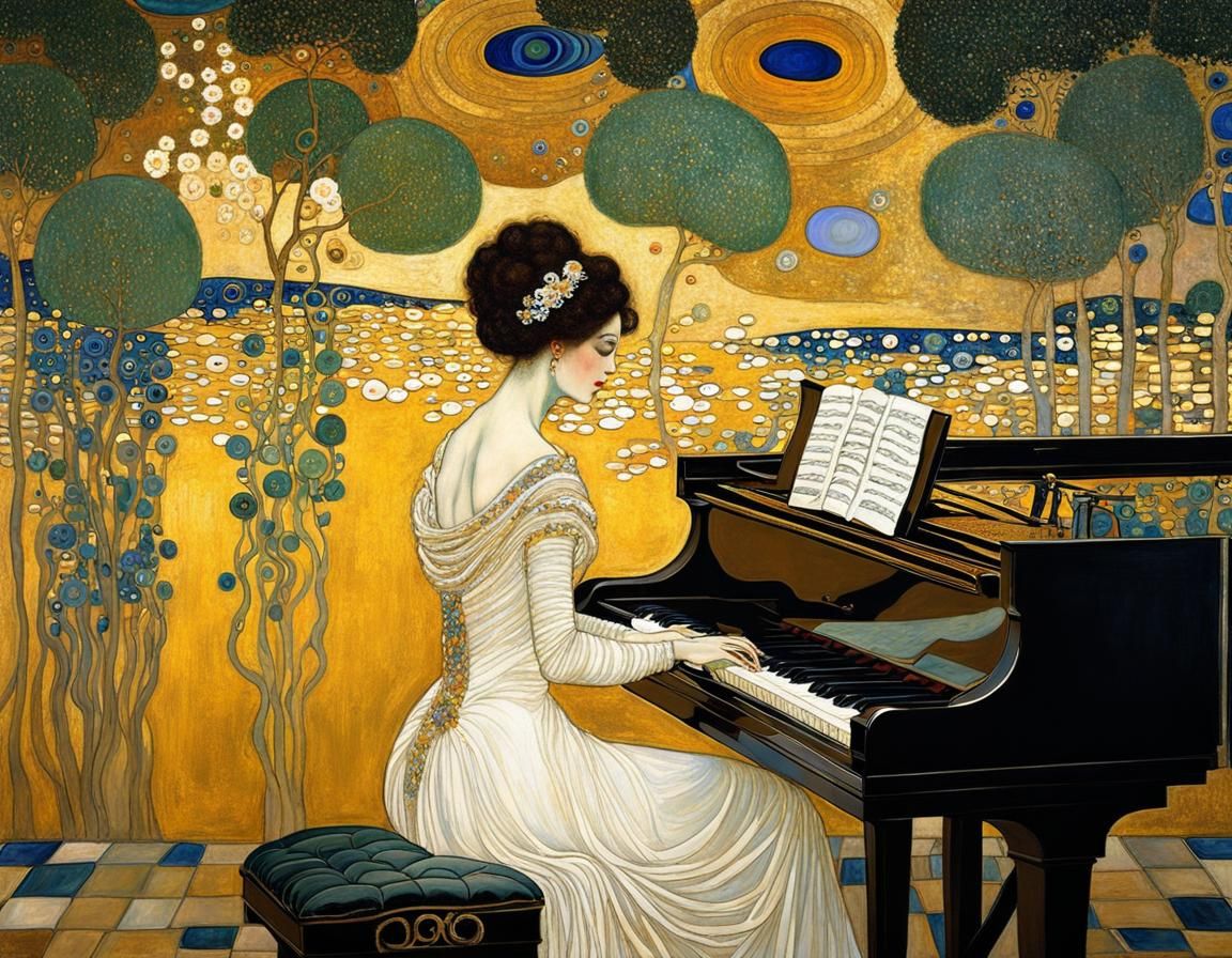 Alien Princess in Klimt-Inspired Lakescape