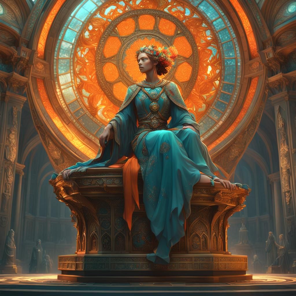 Atlantean Queen on Throne, Hyperdetailed Art Nouveau