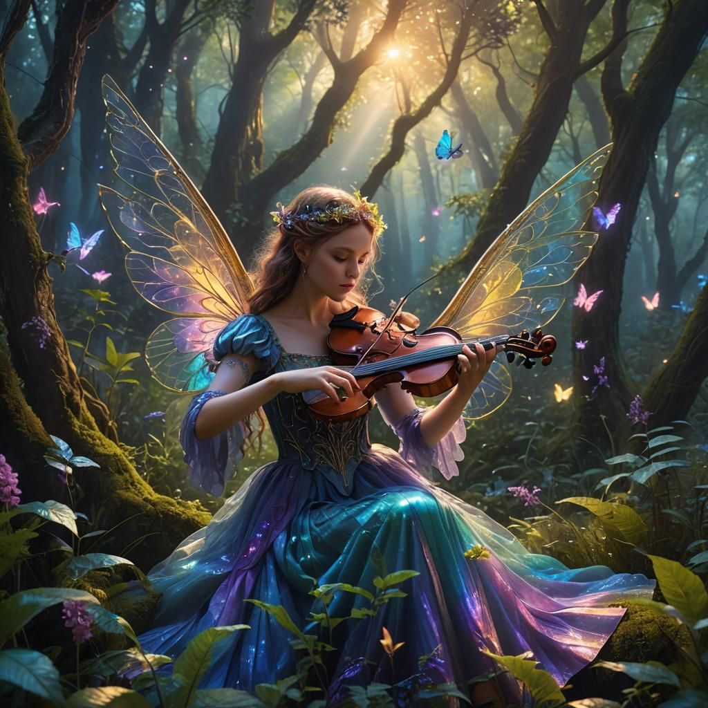 Music Fairy Plays Lyre in Lush Forest