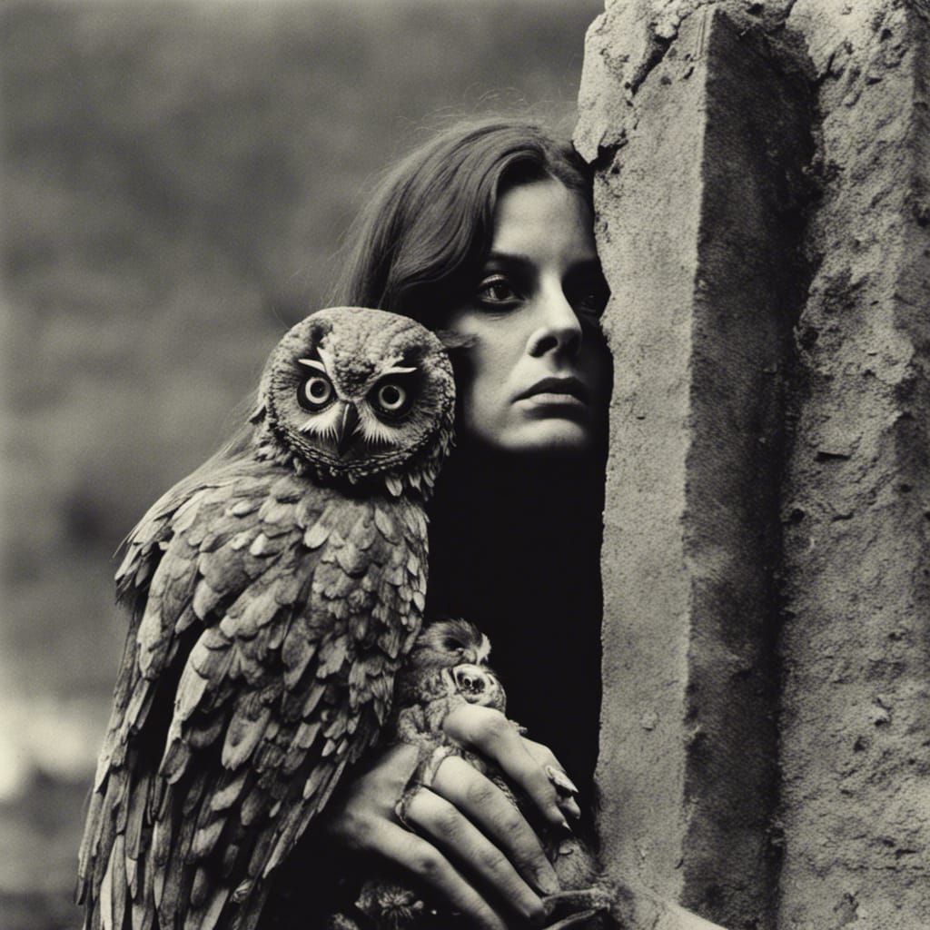 Hippy Witch Observes from Behind Stone Cross