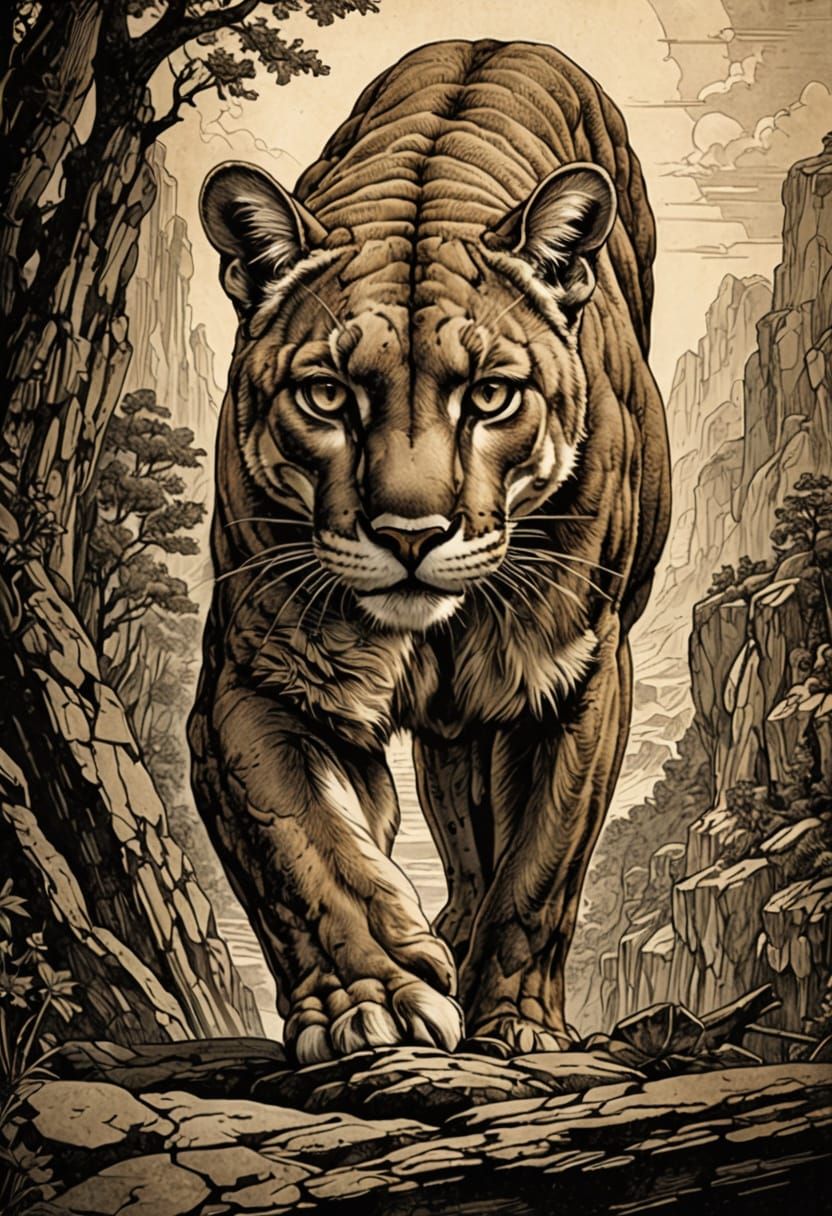 Elegant Gothic Cougar in Renaissance Etching Style