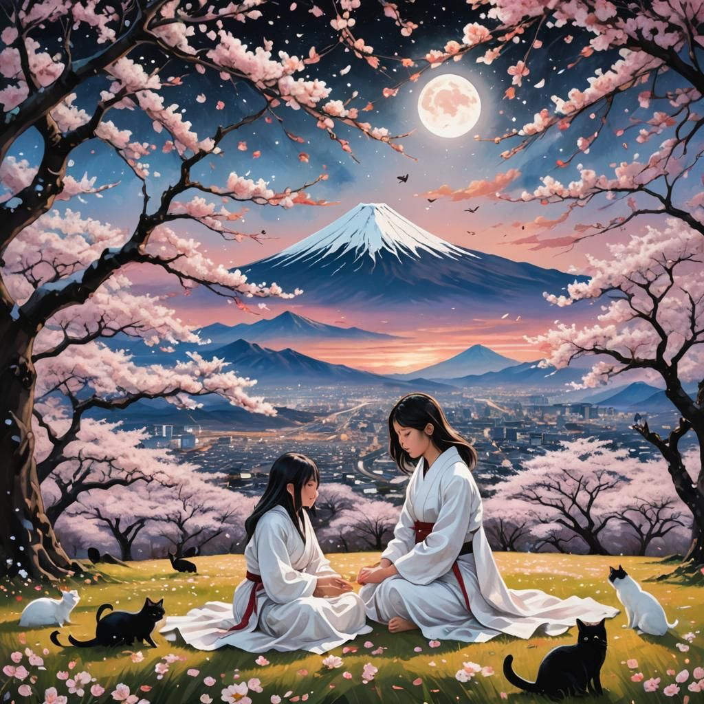 Girl and Cat Gazing at Fuji in Cherry Blossom Field