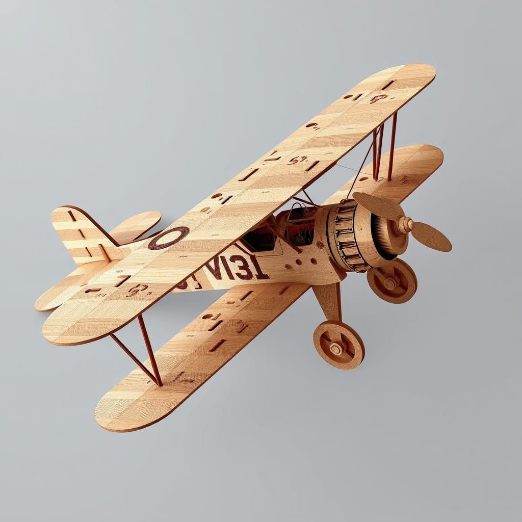 Intricately Detailed Wooden Biplane Puzzle Model
