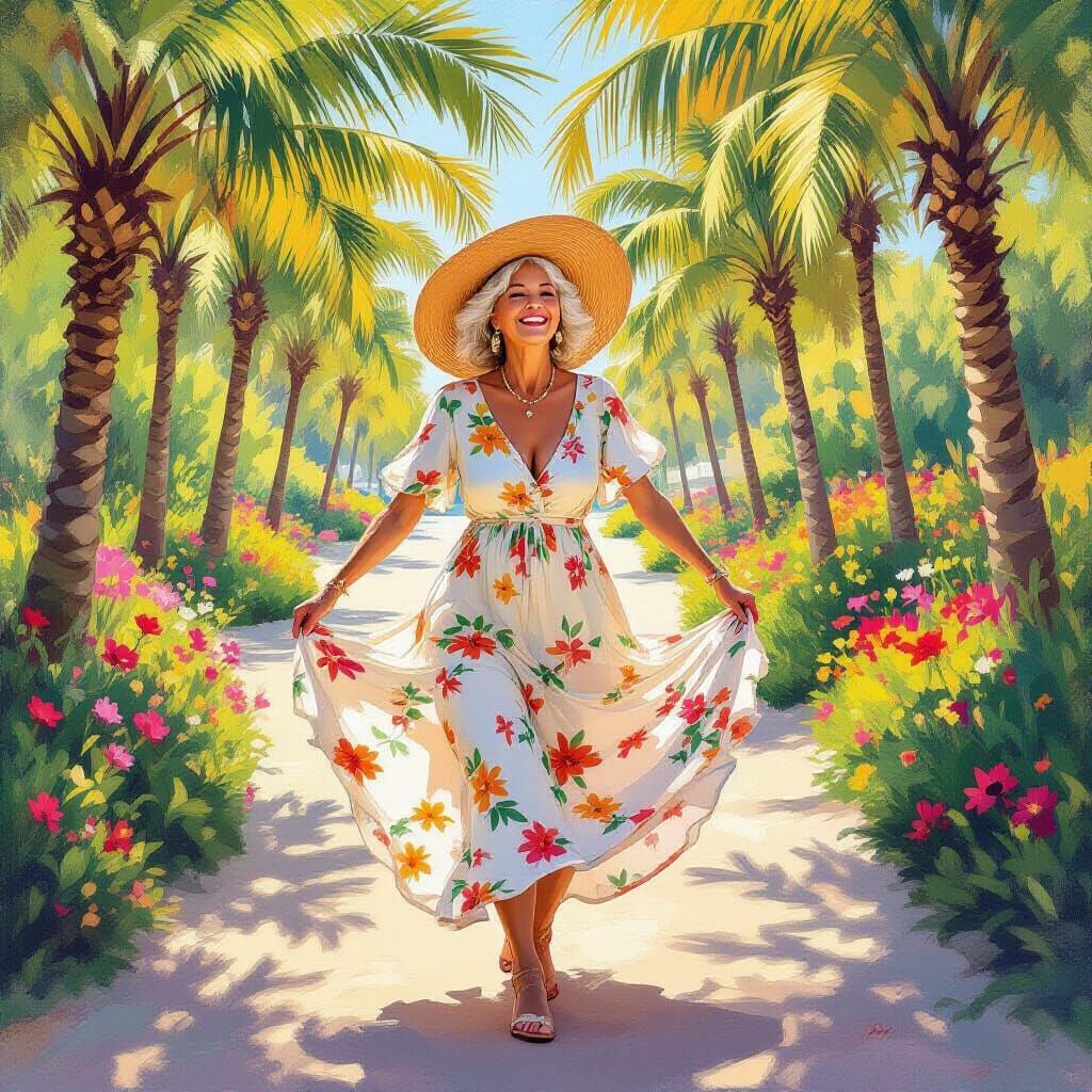 Grandma Dancing in Beachside Park as Impressionist Painting