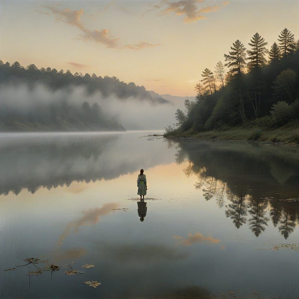 Ethereal Morning Reflections in a Misty Lake Landscape