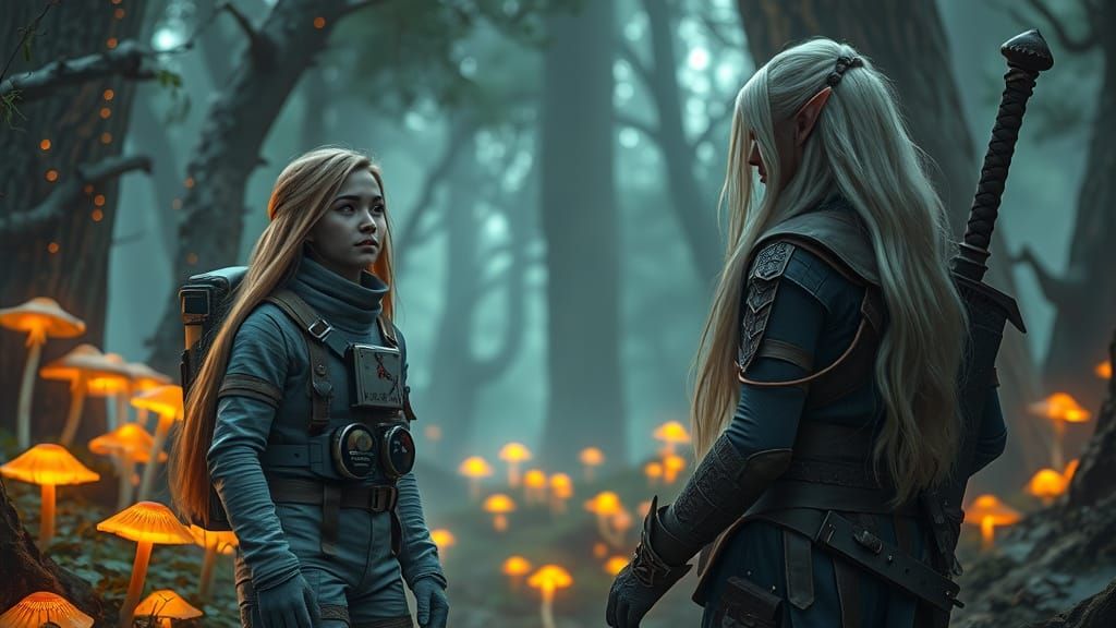 Astronaut Encounters Enchanted Forest in D&D Inspired Scene