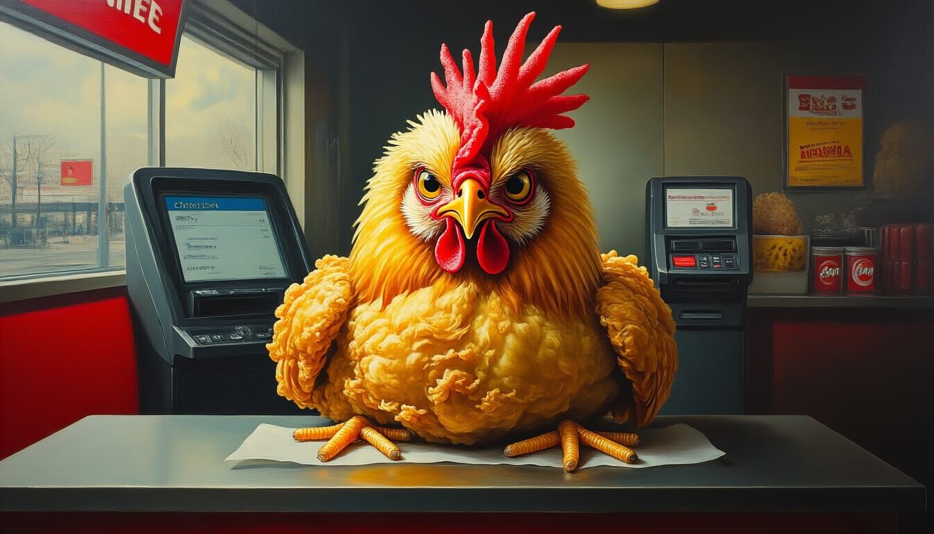 Grumpy Fried Chicken at KFC, Surreal Mixed Media