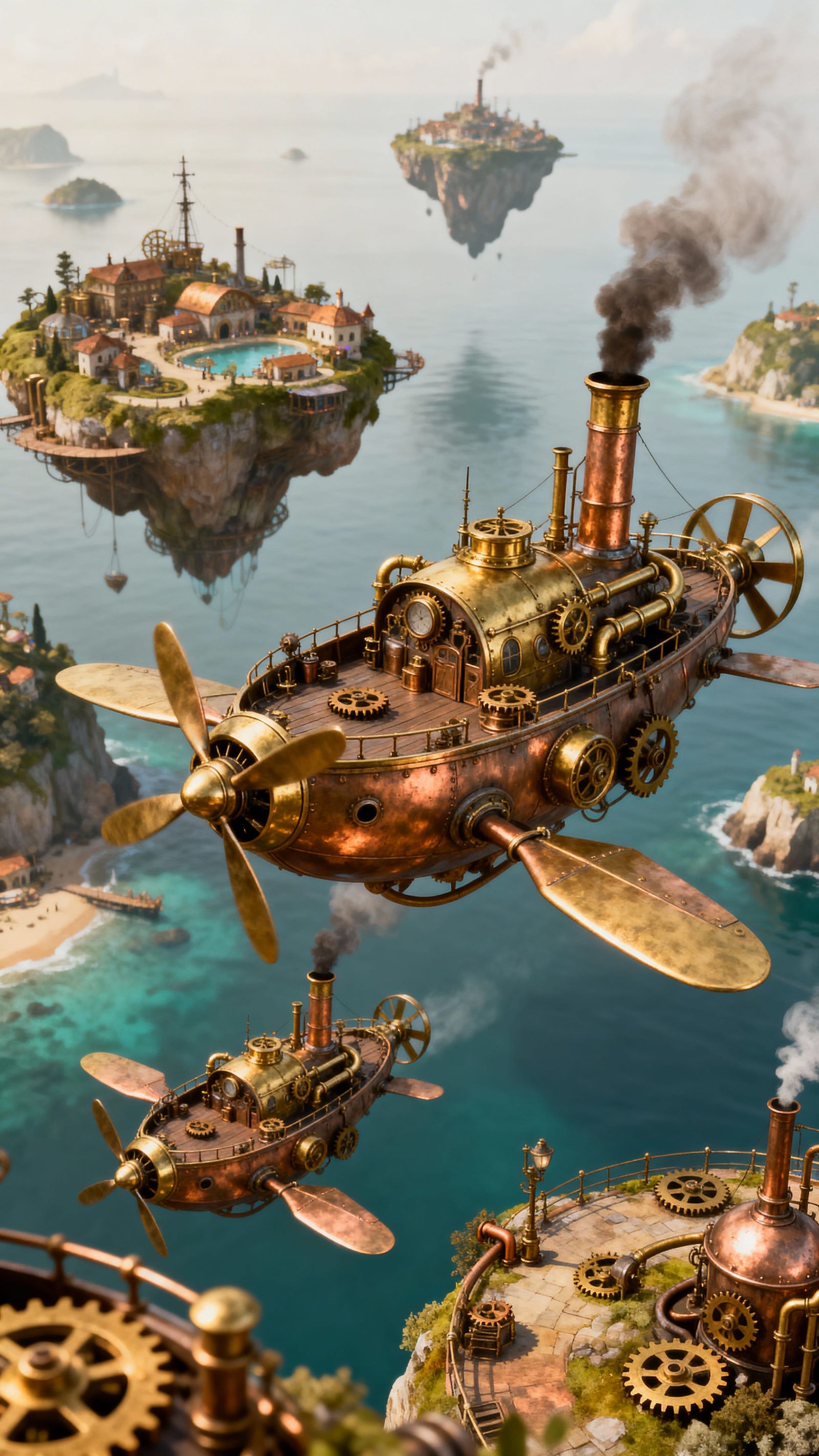 Floating Islands with Harbors and Flying Vessels in Steampun...