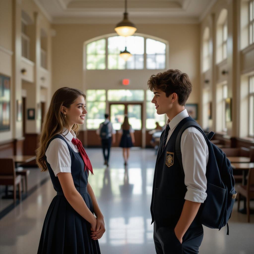 Young Woman and Boyfriend in School Hall