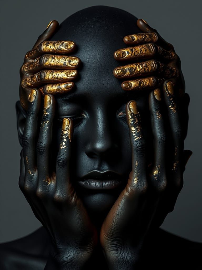 A Minimalistic Figure Surrounded by Hands in Gold