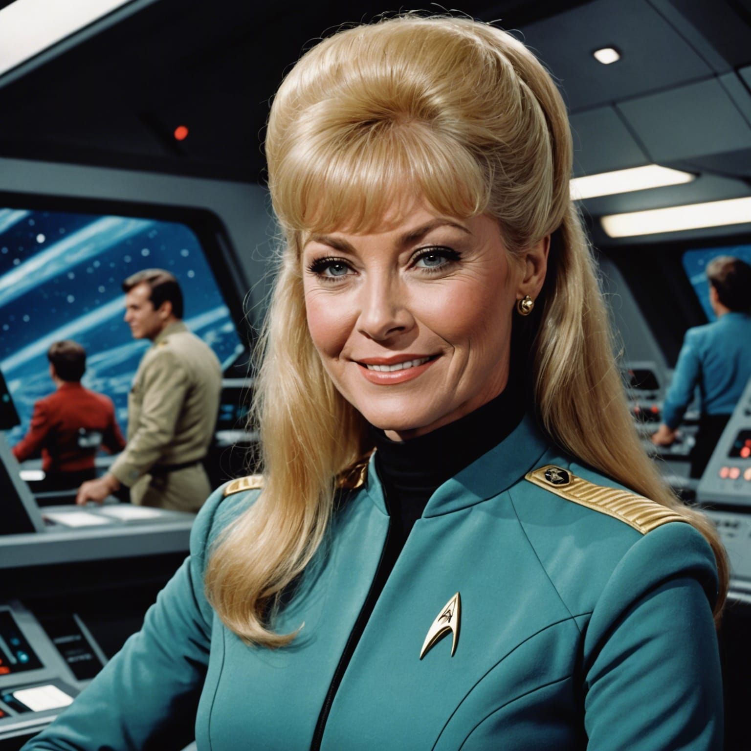 Smiling Janice Rand on Enterprise Bridge