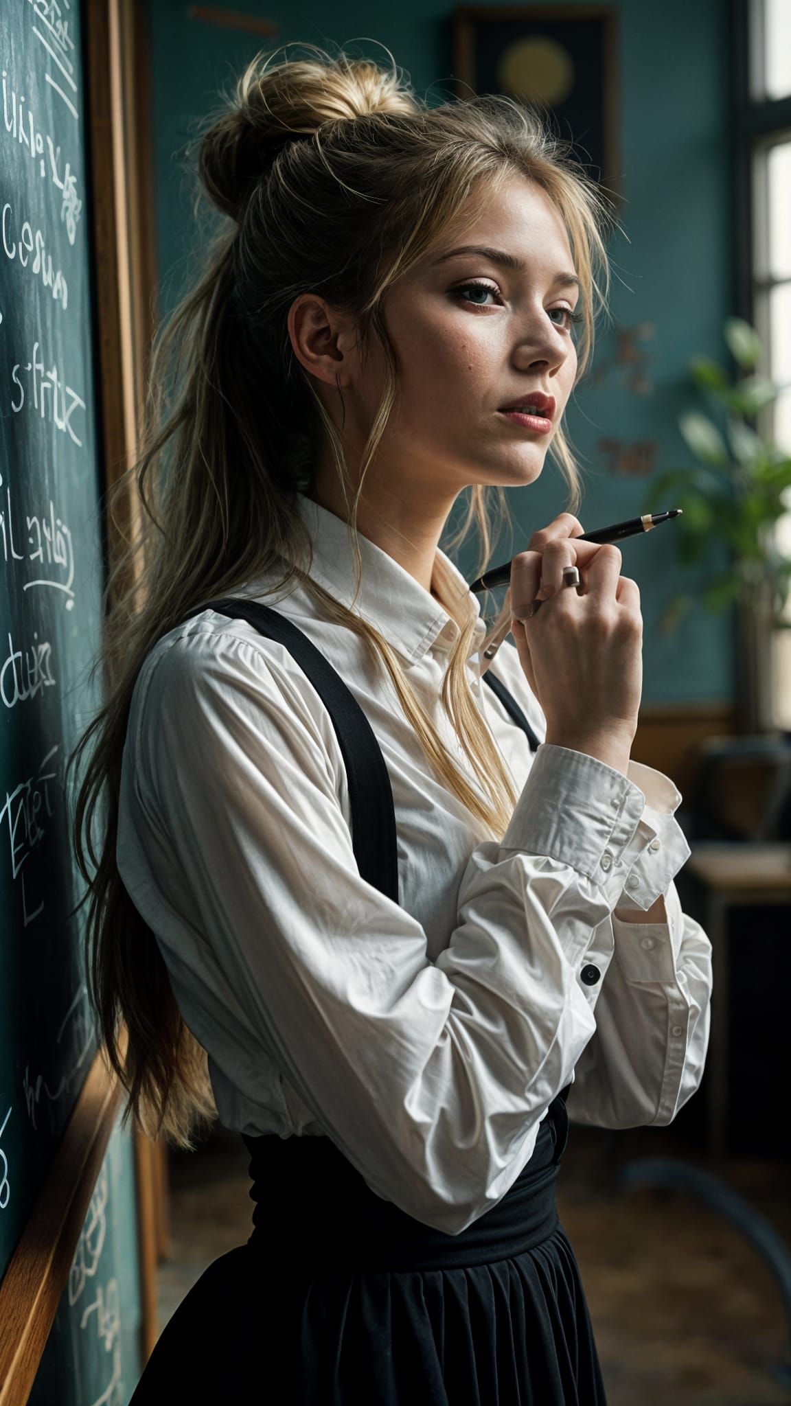 Young Woman Writes on Blackboard in Classroom