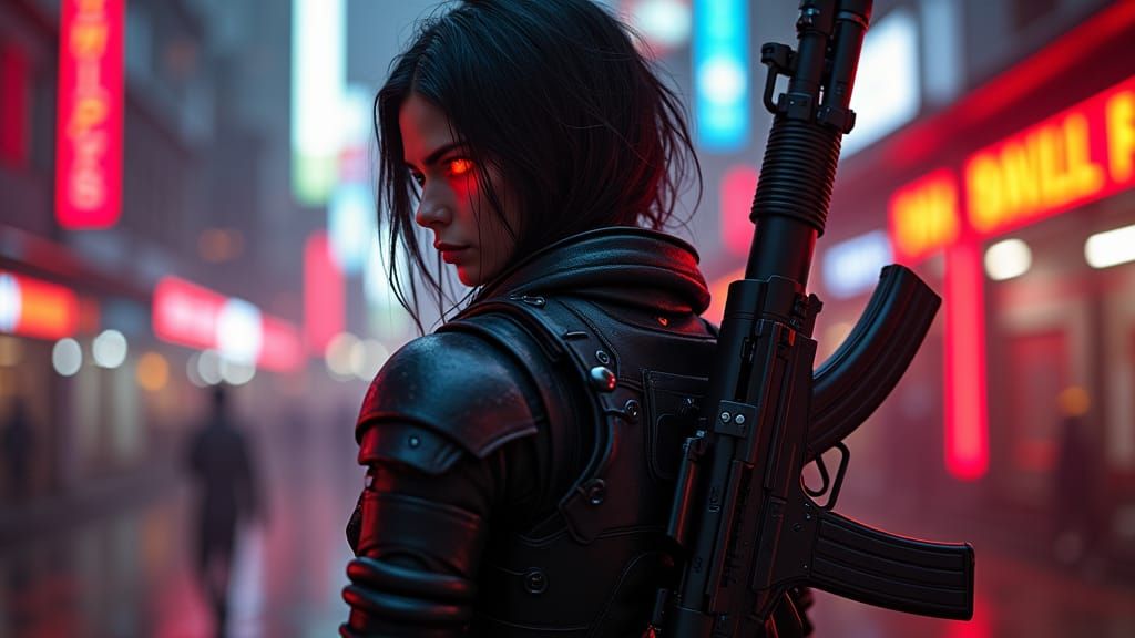 Cyberpunk Cyborg Assassin in Dystopian Cityscape