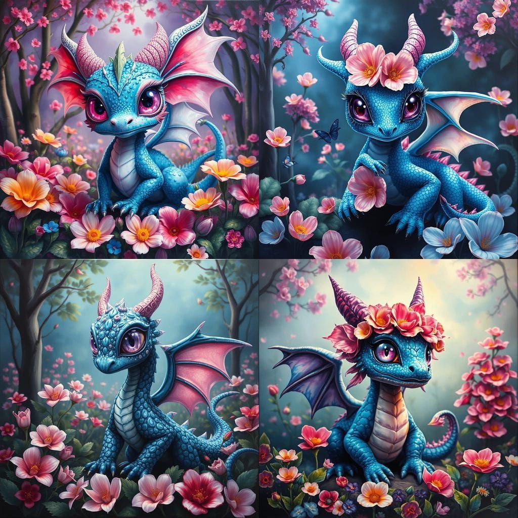 Whimsical Floral Tea Dragon in a Surreal Garden