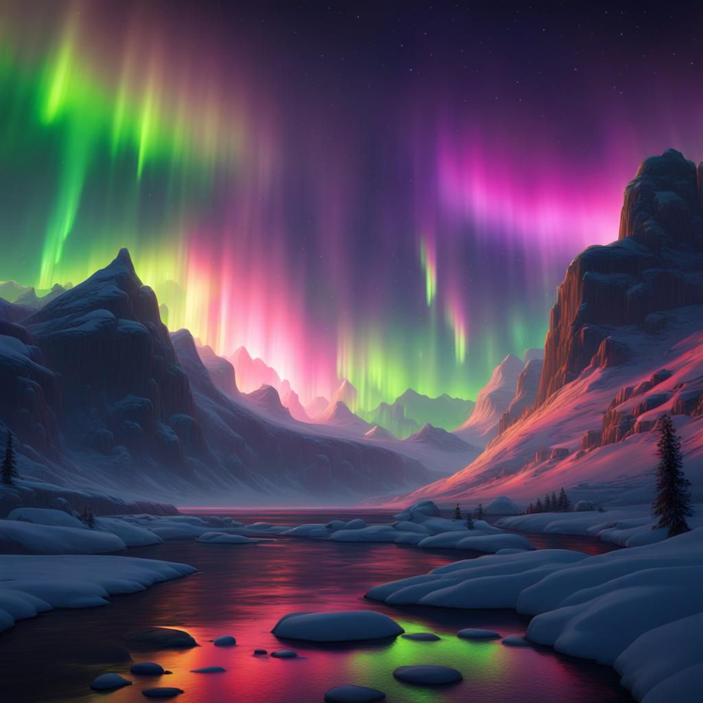 Brilliantly Colored Northern Lights in Digital Art Style