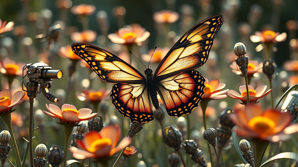 Butterfly in Metal Meadow: Biomechanical Sci-Fi Art