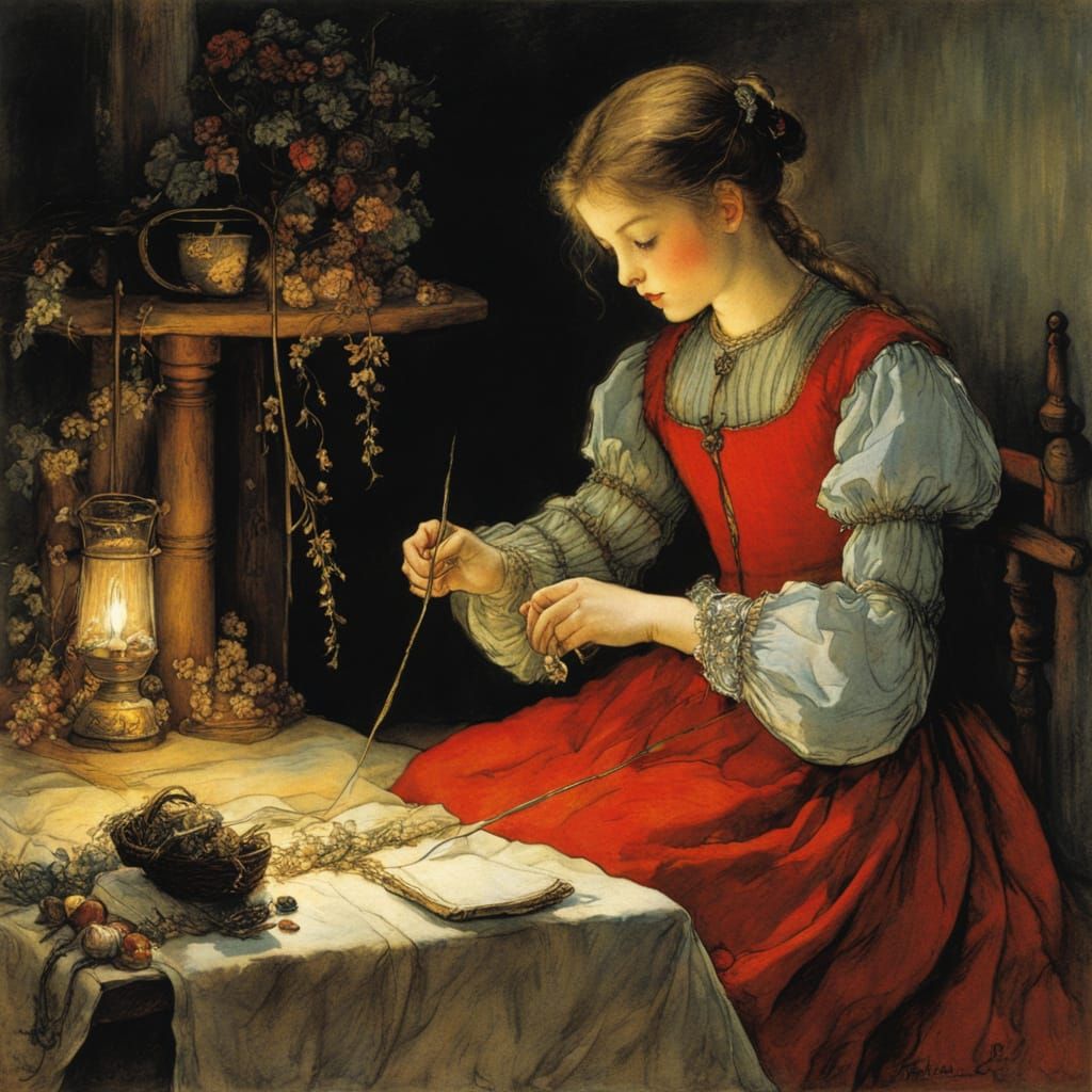 Girl Sewing: Fairytale Illustration in Rackham Style