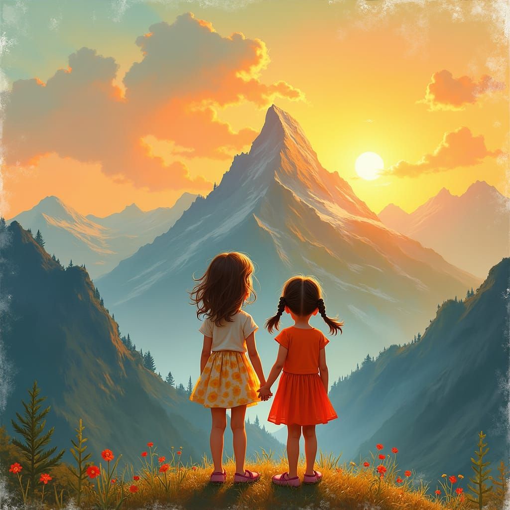 Girls Gaze at Mountain Sunset in Whimsical Style