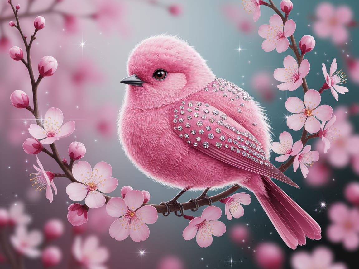 Whimsical Pink Bird Perched on Blossoming Branch