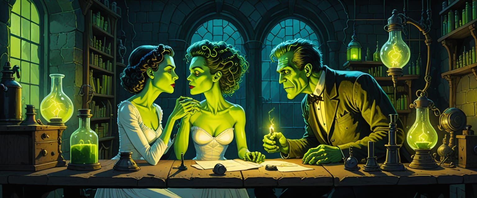 Frankenstein and Bride Share a Kiss in Laboratory, Watercolo...