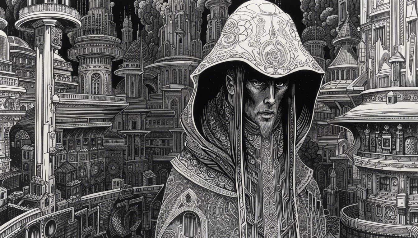 Mysterious Hooded Figure in Cyberpunk Gothic Style