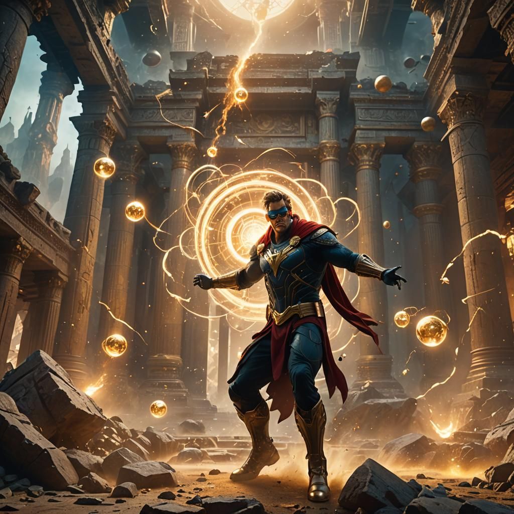 Epic Superhero Attack in Mystical Temple Environment
