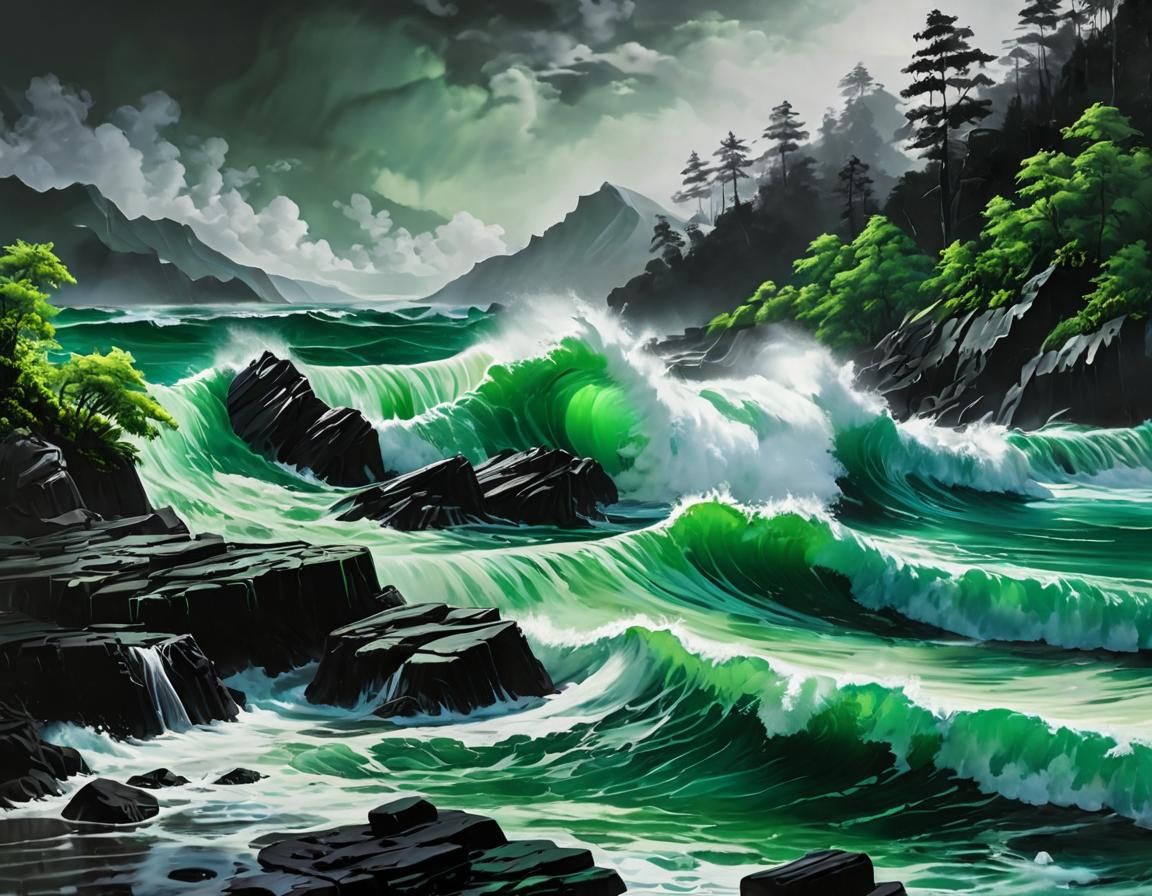 Crashing Tides Directing Ocean Storms: Oil Painting