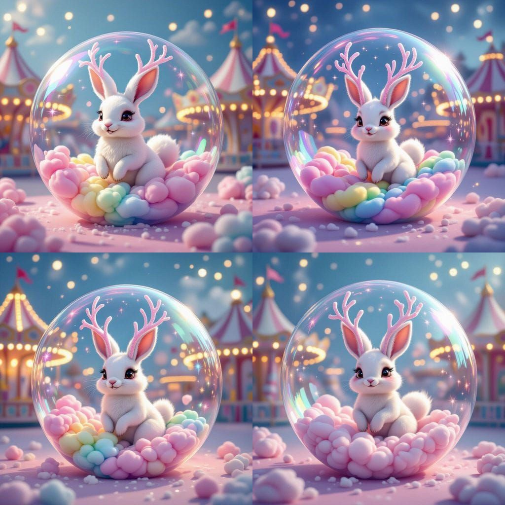Rainbow Cotton Candy Jackalope in a Bubble, Digital Art