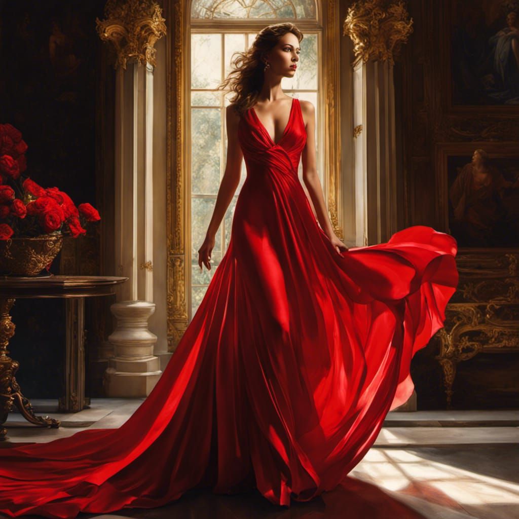 Woman in Red Gown with Roses, Digital Art