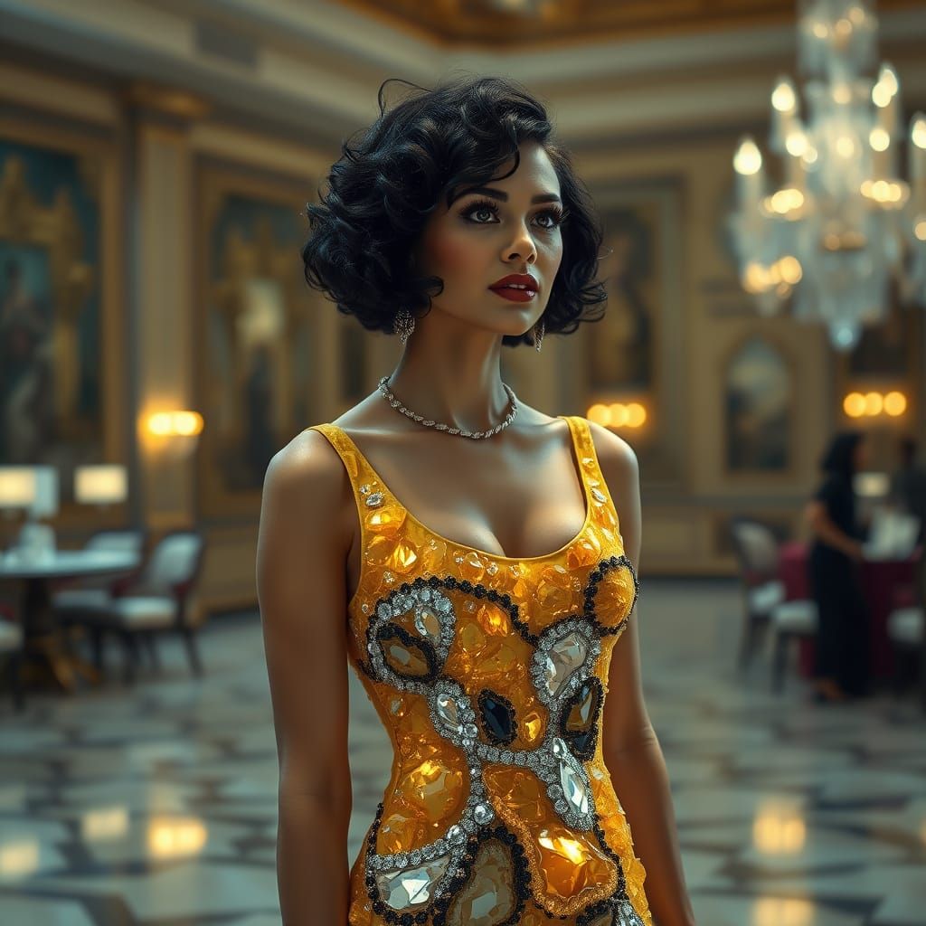 Woman in Crystalline Dress in Art Deco Style
