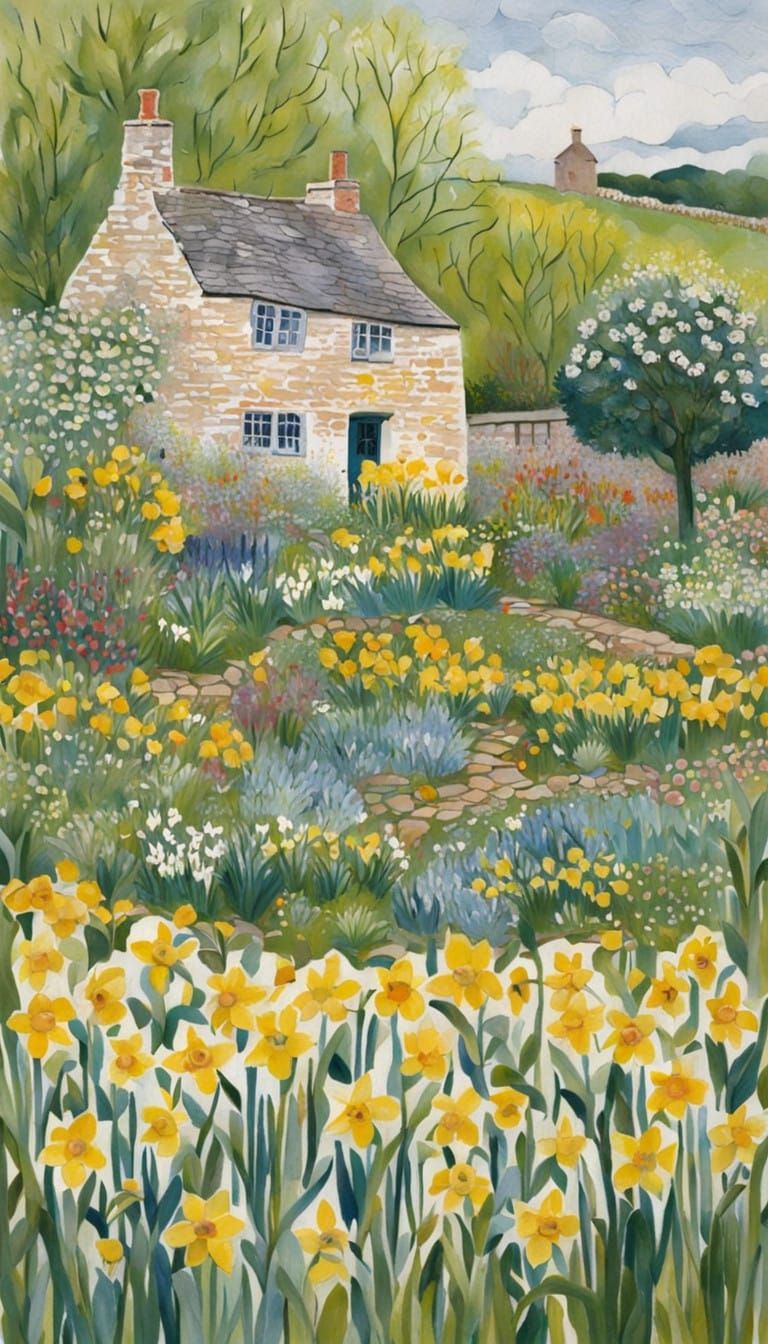 Cotswold Garden Blooms in Vibrant Impressionist Style