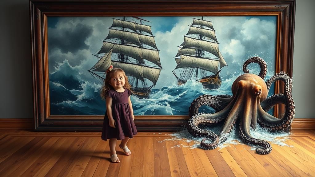 Girl Gazing at Escaping Octopus in Oil Painting