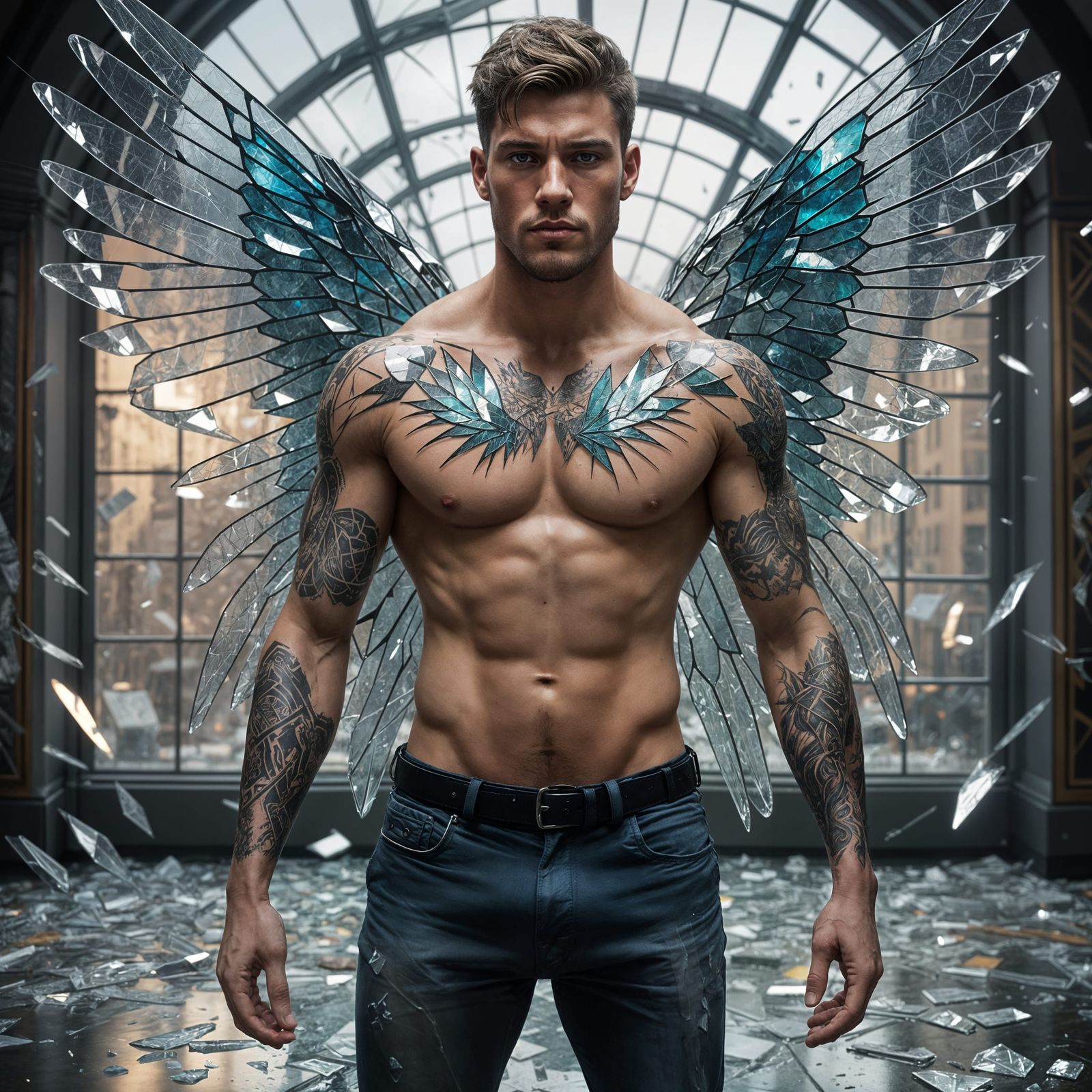 Shattered Glass Man with Wings, Hyperdetailed Portrait