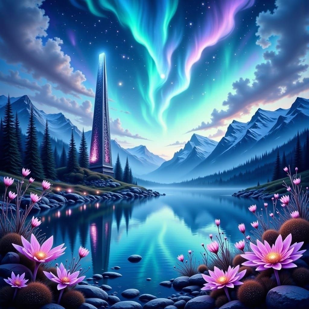 Dreamlike Aurora Landscape with Glowing Plants and Mystical....