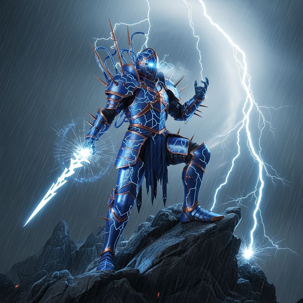 Electric Knight Summons Lightning Blade on Stormy Peak