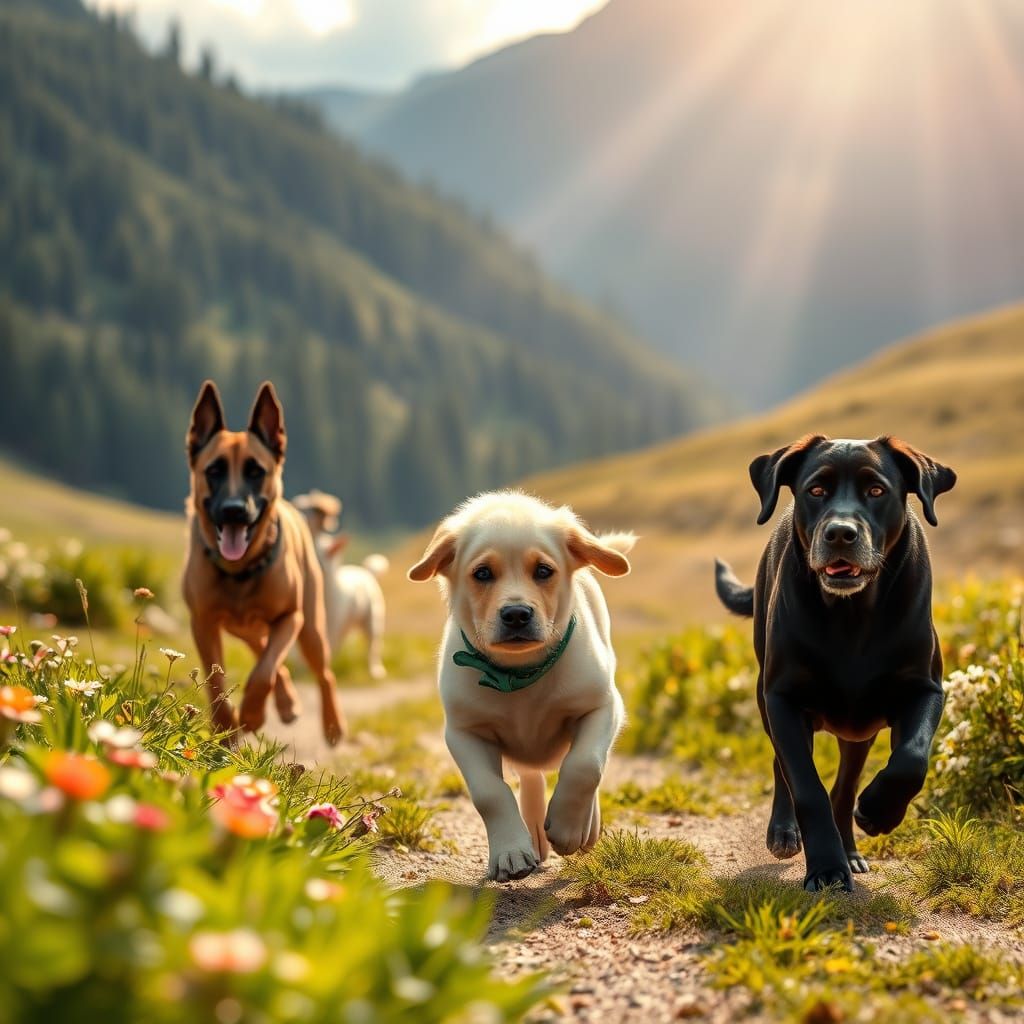Toddler Boy Runs with Three Dogs Through a Serene Valley Lan...