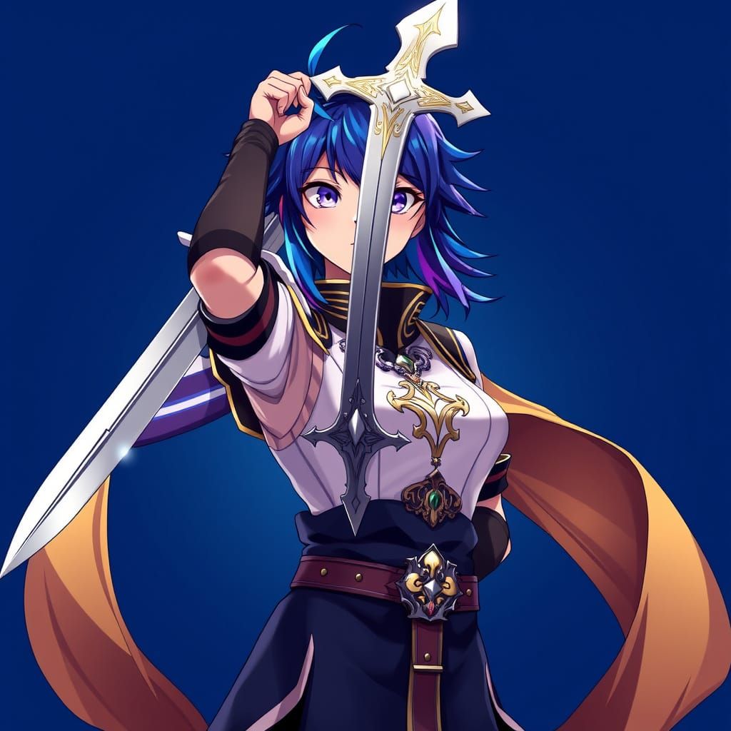 Manga Warrior Princess in Victory Pose with Blue Hair