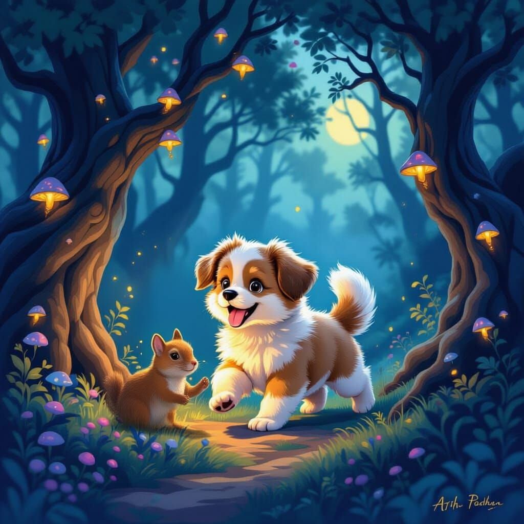 Fluffy Puppy Chasing Glowing Lantern in Enchanted Forest