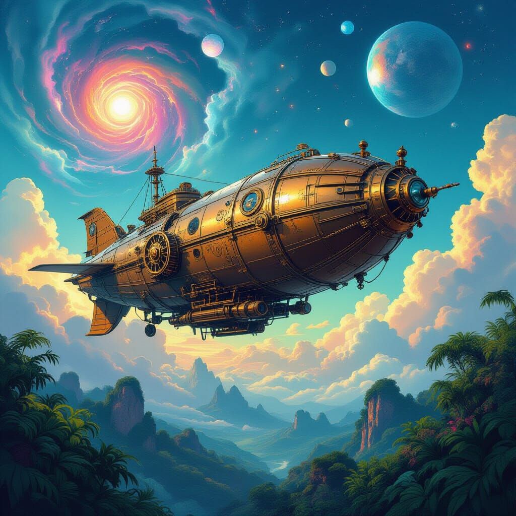 Steampunk Airship in Cosmic Nebula