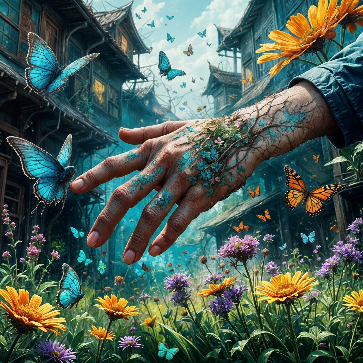 Majestic Bird in Hyperdetailed Wildflower Garden