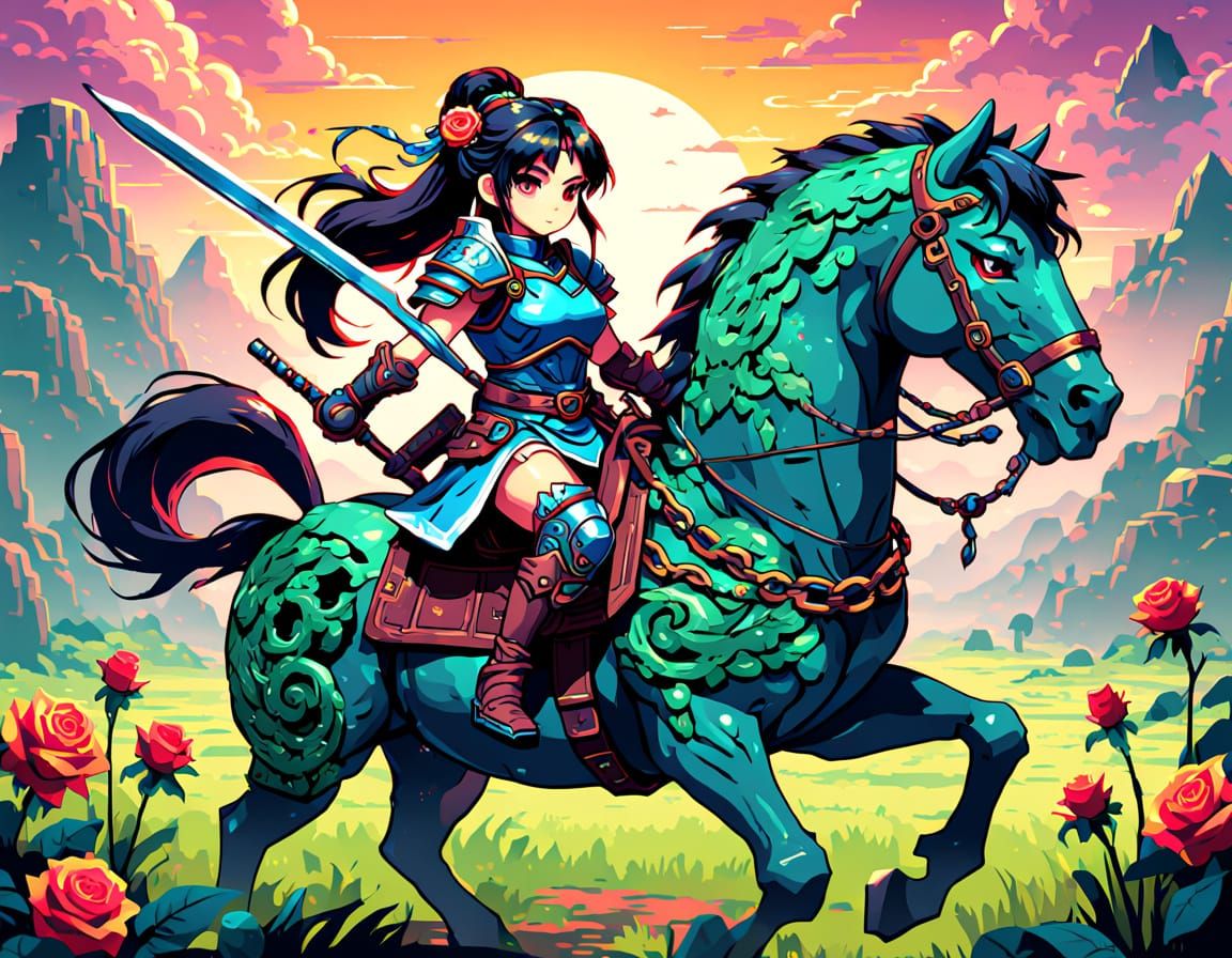 8-bit pixels art. The offensive of the Mongol army. Female Mongolian warrior. She is curvy and lithe-bodied. Artwork by ...