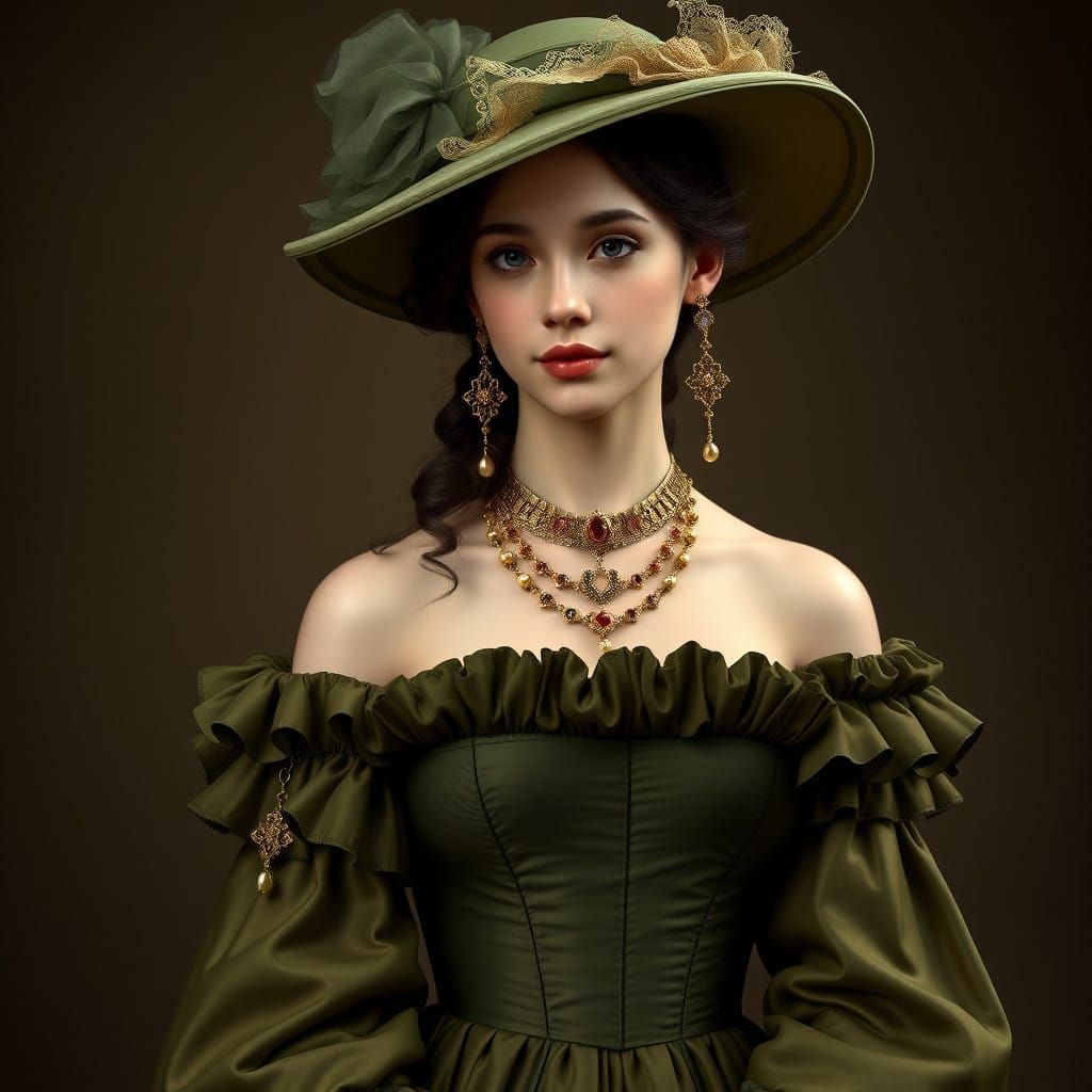 Elegant 18th-Century Noblewoman in Exquisite Olive-Green Gow...